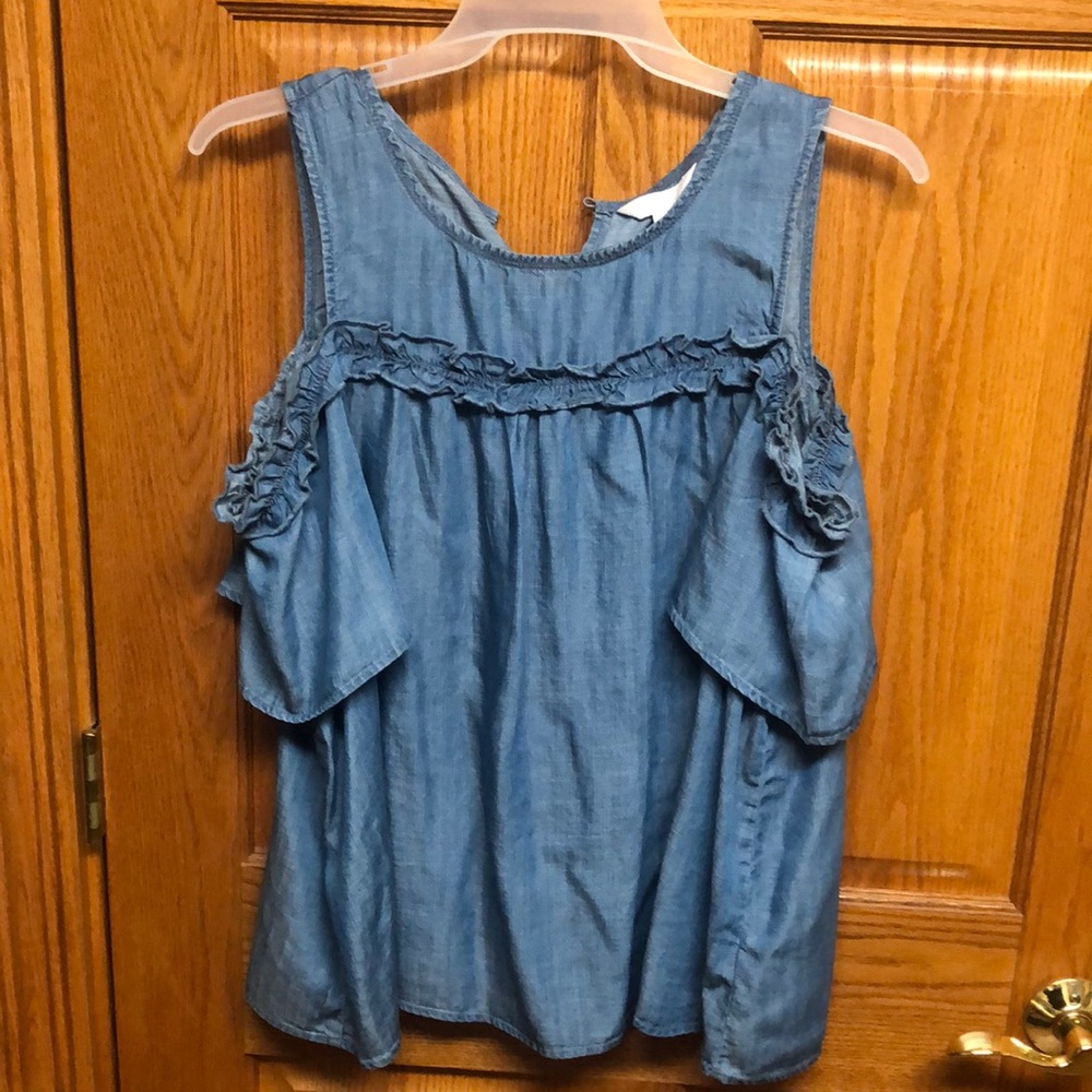 Ladies denim cold shoulder shirt